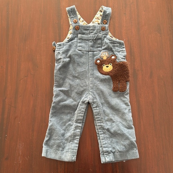 Mudpie bear and owl appliqué blue corduroy overalls size 6-9M - Picture 1 of 4
